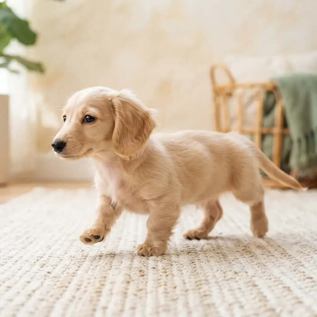 Cream long-haired Mini Dachshund puppy portrait