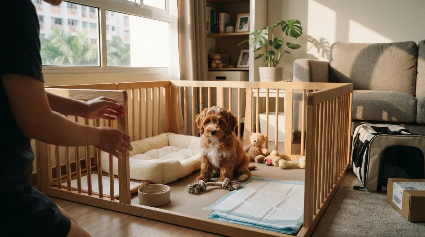Playpen and bed set up in a Singapore home ahead of a puppy’s arrival